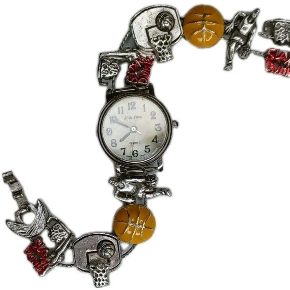 Slide Time Basketball Watch Women Charm Bracelet Mother of Pearl 7 1/4